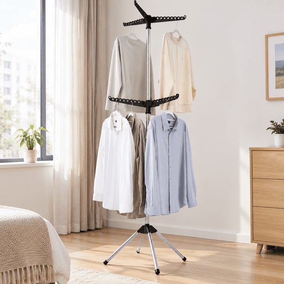 Clothes Drying Rack Foldable, 74.8 inch 2 Tier Laundry Drying Rack with Rotating Clothes Rail for 54 Pieces of Clothes, Space Saving, Indoor, Stainless Steel, Black and Silver