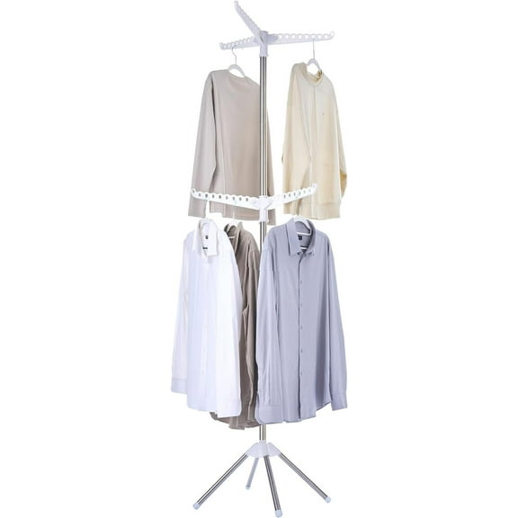 Clothes Drying Rack Foldable, 74.8 inch 2 Tier Laundry Drying Rack with Rotating Clothes Rail for 54 Pieces of Clothes, Space Saving, Indoor, Stainless Steel, White and Silver CDR002W01