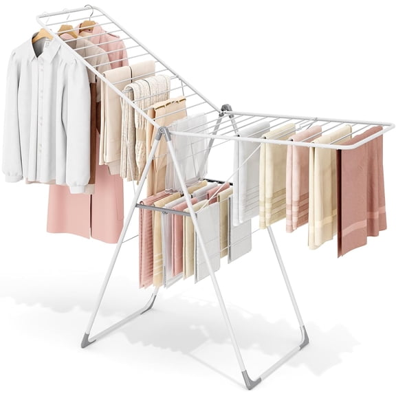 Clothes Drying Rack, Foldable Drying Rack Clothing, Sturdy Metal Laundry Drying Rack, Height-Adjustable Gullwing, Easy to Fold, Space-Saving, for Indoor Outdoor, White