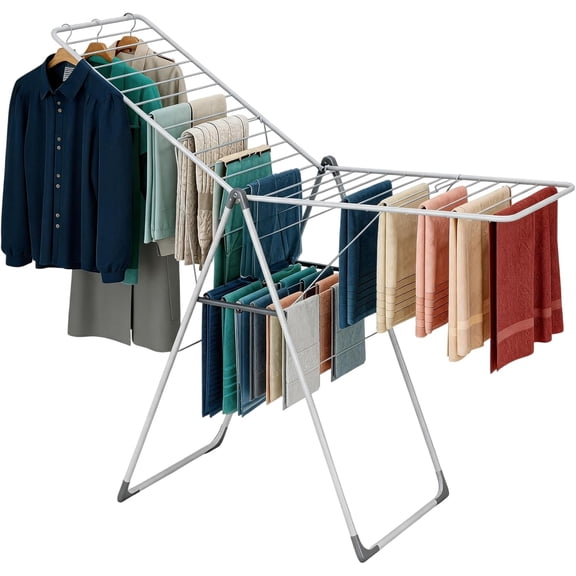 Clothes Drying Rack, Foldable Drying Rack Clothing, Sturdy Metal Laundry Drying Rack, Height-Adjustable Gullwing, Easy to Fold, Space-Saving, for Indoor Outdoor, White