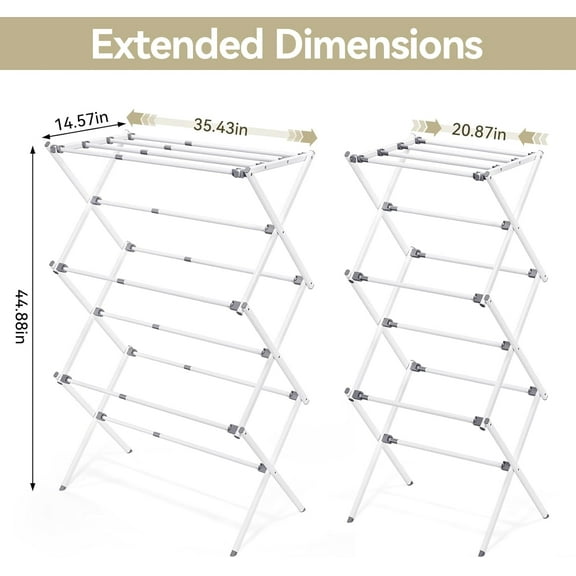 Clothes Drying Rack, Foldable & Extendable Laundry Rack with Adjustable Size (14.57in-35.43inW), Space-Saving, Rust-Resistant Frame & Floor Protection for Indoor/Outdoor Use, White