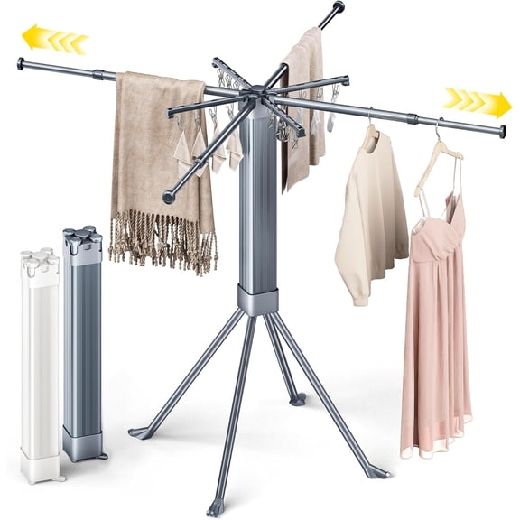 Clothes Drying Rack Foldable Extending Laundry Rack with 16 Clips Collapsible Clothing Rack Space-Saving Clothing Racks for Hanging Clothes, Indoor, Camping, Balcony, Outdoor