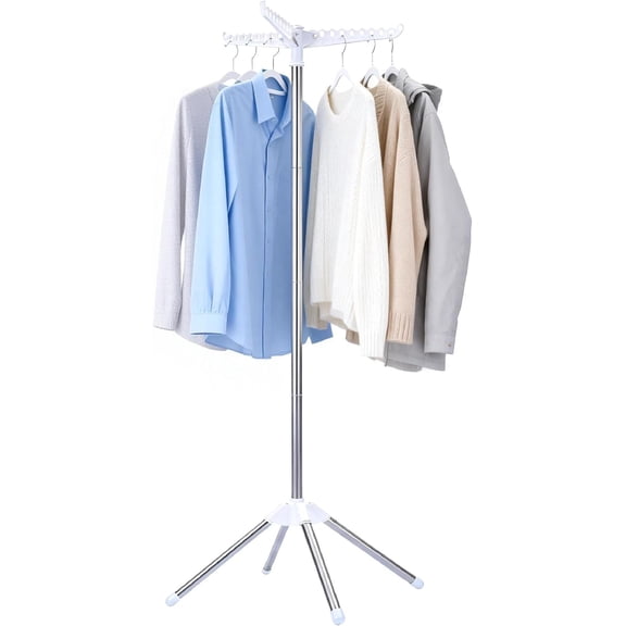 Clothes Drying Rack, Foldable Laundry Drying Rack, Indoor 59-Inch Drying Rack Clothing with 3 Rotatable Arms, Stainless Steel, Holds 27 Pieces, Space Saving, Portable, White and Silver