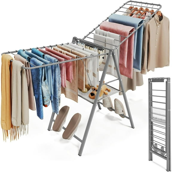Clothes Drying Rack Foldable, Metal Laundry Drying Rack Collapsible, Portable Compact Clothes Rack for Sweater Baby Clothes Towel Indoor & Outdoor, Height Adjustable Clothes Airer, Grey