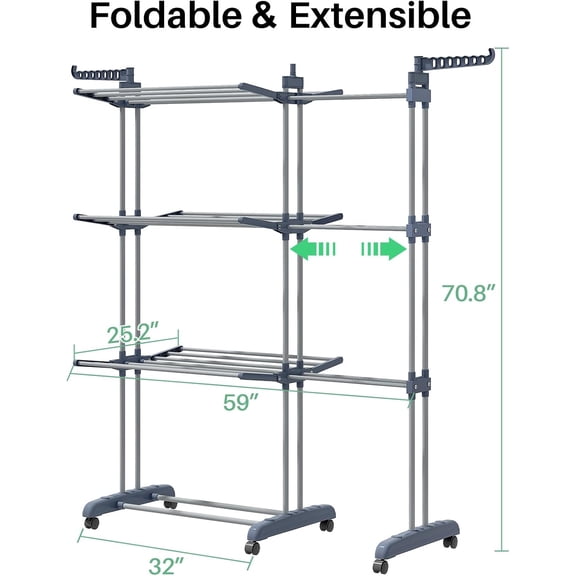 Clothes Drying Rack - Foldable Movable Clothes Rack Drying 30.0" W to 59.0" W Extensible Drying Rack Clothing Oversized 4-Tier Stainless Steel Large Clothes Rack Drying Indoor and Outdoor