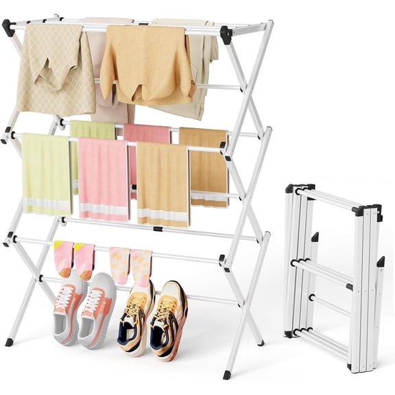 Clothes Drying Rack Foldable for Small Space, Laundry Drying Rack Collapsible for Hanging Clothes, Metal Clothing Dry Rack Suit for Indoor & Outdoor, Dorm Room, Apartments, RV, White