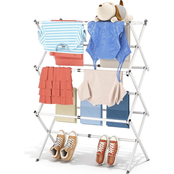 Clothes Drying Rack Folding - 3 Tier Laundry Drying Rack for Clothes, Expandable Metal Clothing Dryer, Collapsible Towel Rack, Air Drying Rack, White