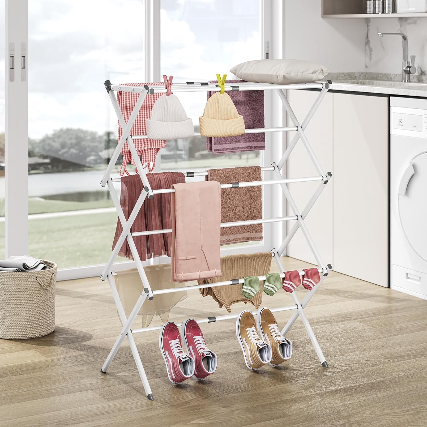 Clothes Drying Rack Folding - 3 Tier Laundry Drying Rack for Clothes, Expandable Metal Clothing Dryer, Collapsible Towel Rack, Air Drying Rack, White