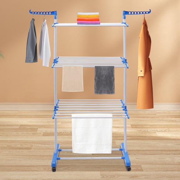 Clothes Drying Rack Folding Clothes Rail 4-Tier Clothes Horses Rack Stainless Steel Laundry Garment Dryer Stand with Two Side Wings Blue