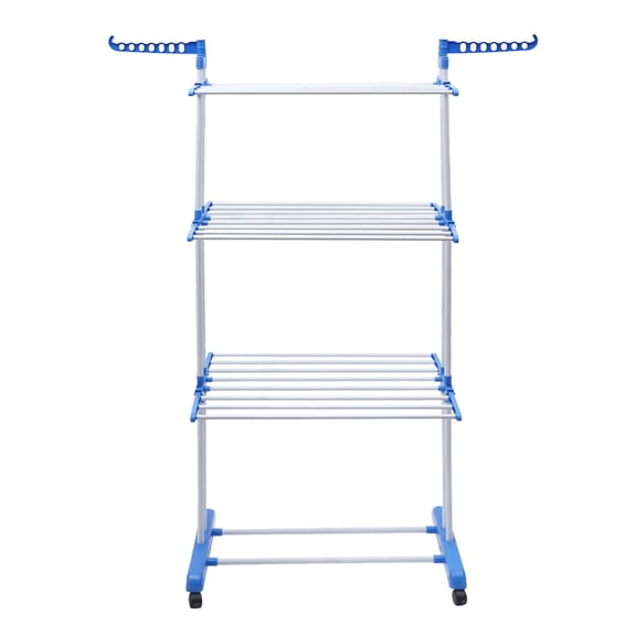 Clothes Drying Rack Folding Clothes Rail 4-Tier Clothes Horses Rack Stainless Steel Laundry Garment Dryer Stand with Two Side Wings Blue