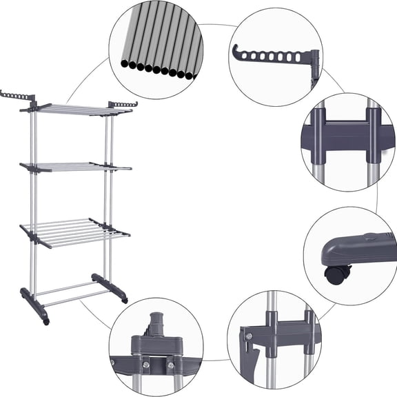 Clothes Drying Rack Folding Drying Rack Clothing 4 Tier Clothes Horses Rack Stainless Steel Laundry Drying Rack with Two Side Wings Grey