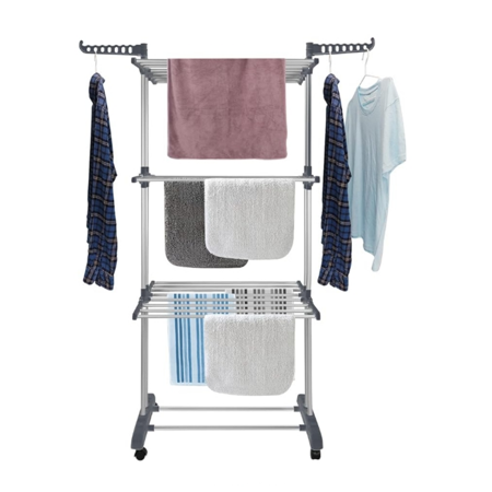 Clothes Drying Rack Folding Drying Rack Clothing 4 Tier Clothes Horses Rack Stainless Steel Laundry Drying Rack with Two Side Win Grey