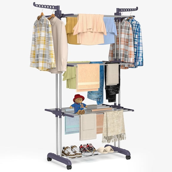 Clothes Drying Rack Folding Drying Rack Clothing 4 Tier Clothes Horses Rack Stainless Steel Laundry Drying Rack with Two Side Wings Grey