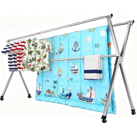 Clothes Drying Rack Folding Indoor Outdoor Rolling Portable Laundry Drying Rack, Heavy Duty Laundry Hanger Dryer Rack with 20 Hooks