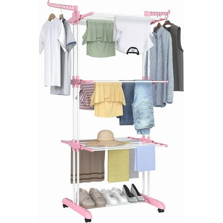Clothes Drying Rack, Folding Stainless Steel Clothes Horses Rack Indoor Outdoor, 4 Tier Laundry Drying Rack with Two Side Wings -Pink
