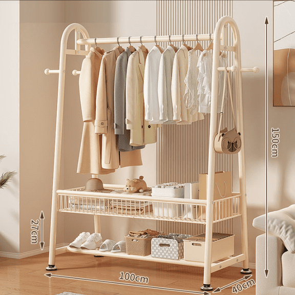 Clothes Drying Rack Heavy-Duty Floor Standing Garment Rack Single Pole Coat Hanger Indoor Bedroom Balcony Laundry Organizer 39x59in Metal/Clothing Rack, Beige