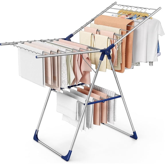 Clothes Drying Rack with Height-Adjustable Wings, Metal Foldable Laundry Dryer Stand for Clothing & Bedding, Free-Standing Collapsible for Indoor & Outdoor Use, 55.5" L × 22.8" W, Silver Blue