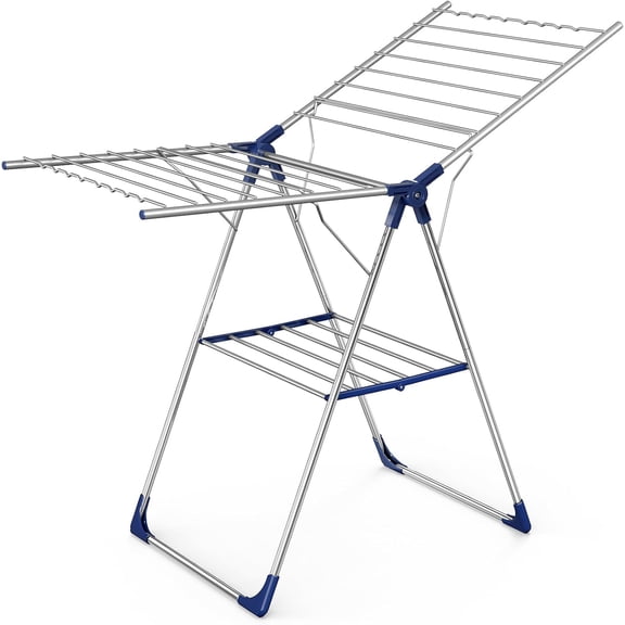 Clothes Drying Rack with Height-Adjustable Wings, Metal Foldable Laundry Dryer Stand for Clothing & Bedding, Free-Standing Collapsible for Indoor & Outdoor Use, 69.5" L × 22.8" W, Silver Blue