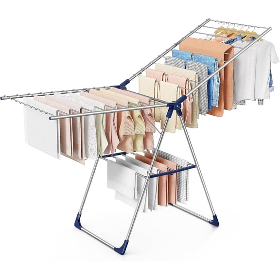 Clothes Drying Rack with Height-Adjustable Wings, Metal Foldable Laundry Dryer Stand for Clothing & Bedding, Free-Standing Collapsible for Indoor & Outdoor Use, 69.5" L × 22.8" W, Silver Blue
