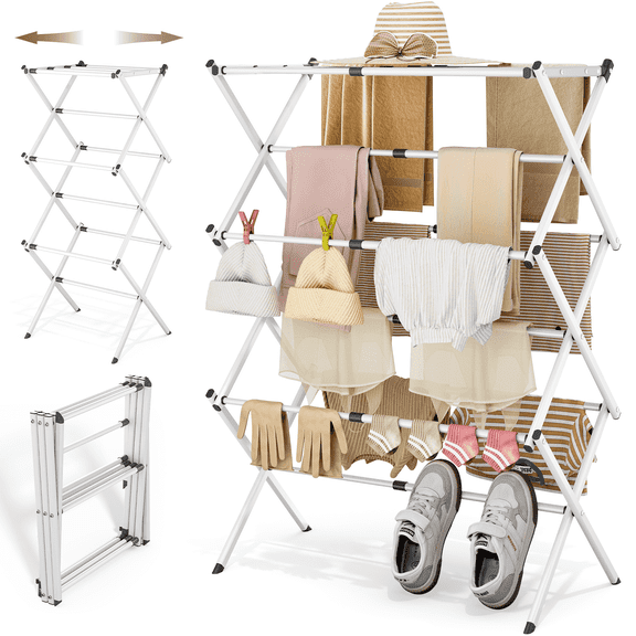 Clothes Drying Rack, KK KINGRACK Sturdy Extendable Laundry Drying Rack, Foldable Steel Drying Racks, White