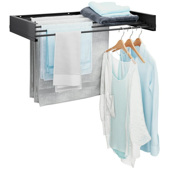 Clothes Drying Rack, KK KINGRACK Wall Mounted Drying Rack, Retractable Folding Laundry Rack, 5 Staggered Hanging Rods, Black