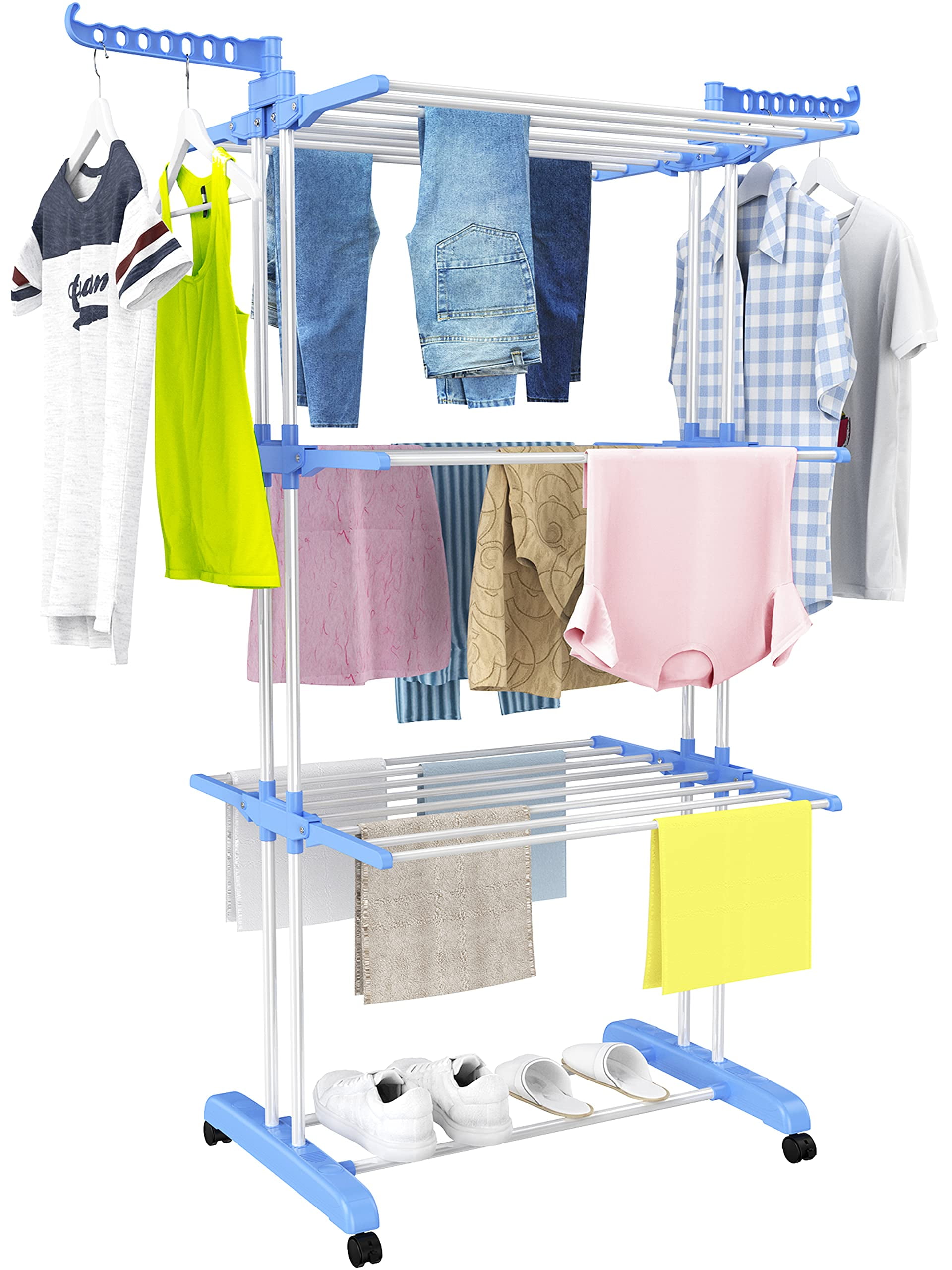 Clothes Drying Rack Large 4 Tier Foldable Drying Rack Clothin Movable Drying Rack with 4 castors. Multifunctional Stainless Steel Laundry Drying Rack Blue Walmart