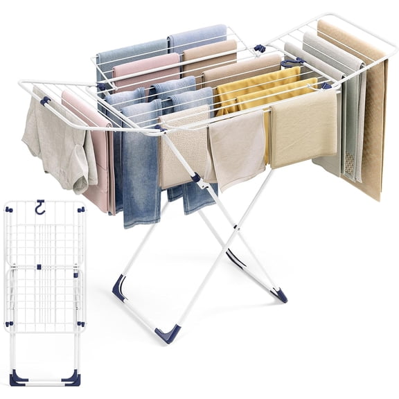 Clothes Drying Rack, Metal Drying Rack Clothing, Laundry Rack Foldable, Space-Saving, Free-Standing Airer with 4 Gullwings, Indoor Outdoor Use, 55.12"*37.8"*17.52", White