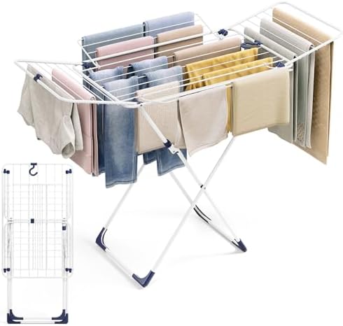 Clothes Drying Rack, Metal Drying Rack Clothing, Lundry Rack Foldable, Space-Saving, Free-Standing Airer with 4 Gullwings, Indoor Outdoor Use, 55.12"*37.8"*17.52", White$$Home Decor, Kitchen, & Other