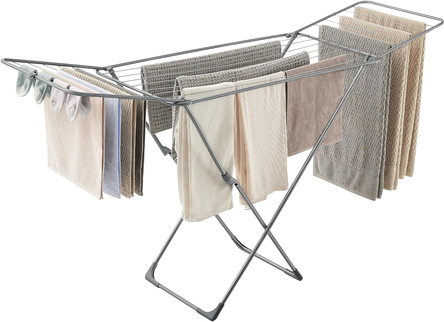 Clothes Drying Rack, Metal Laundry Drying Rack, Foldable, Space-Saving, Free-Standing Airer with Gullwings Bed Linen Clothing, Gray
