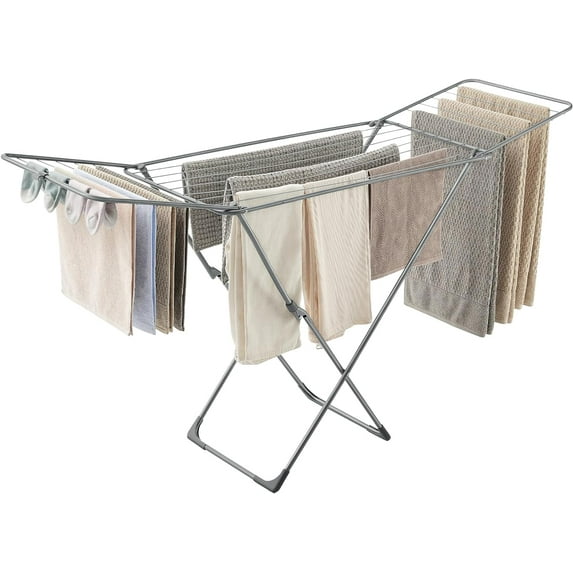 Clothes Drying Rack, Metal Laundry Drying Rack, Foldable, Space-Saving, Free-Standing Airer with Gullwings Bed Linen Clothing, Gray