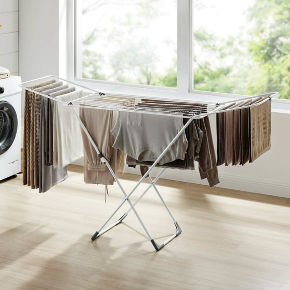 Clothes Drying Rack Metal Laundry Drying Rack Foldable Space-Saving Free-Standing Airer with Gullwings Indoor Outdoor Use White
