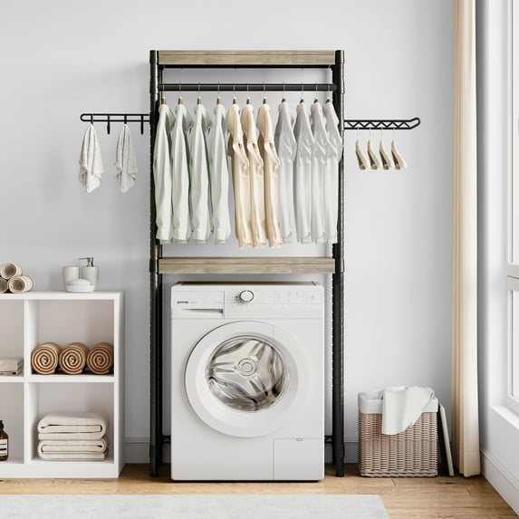 Clothes Drying Rack, Over The Washer and Dryer Storage Shelf, Laundry Room Storage Shelf , Bathroom Towel Rack with Adjustable Shelves and Hooks for Home Decor 31"L*12"D*74"H