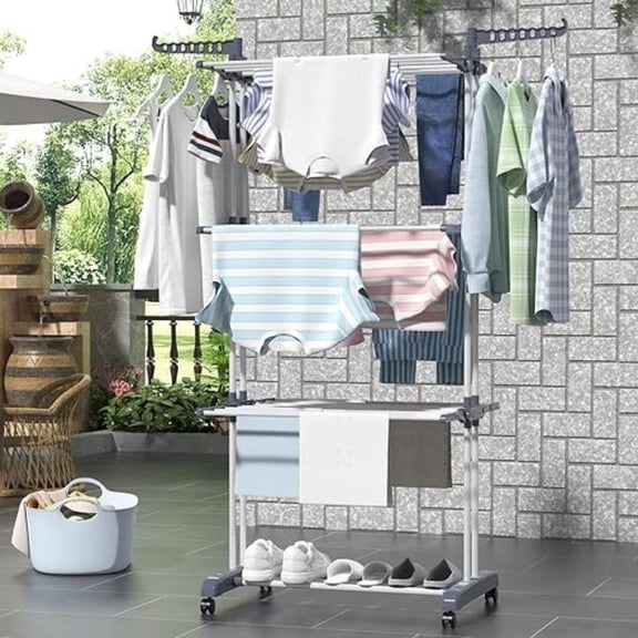 Clothes Drying Rack, Oversized 4-Tier(67.7" High) Foldable Stainless Steel Drying Rack Clothing, Movable Drying Rack with 4 castors, 24 Drying Poles and 14 Hooks for Bed Linen, Clothing, Grey