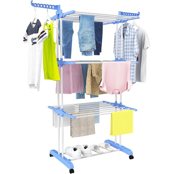 Clothes Drying Rack, Oversized 4-Tier(67.7" High) Foldable Stainless Steel Drying Rack Clothing, Movable Drying Rack with 4 castors, 24 Drying Poles and 14 Hooks for Bed Linen, Clothing, Grey