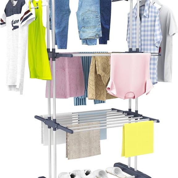 Clothes Drying Rack, Oversized 4-Tier(67.7" High) Foldable Stainless Steel Drying Rack Clothing, Movable Drying Rack with 4 castors, 24 Drying Poles and 14 Hooks for Bed Linen, Clothing, Grey