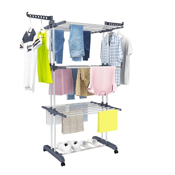 Clothes Drying Rack, Oversized 4-Tier(67.7" High) Foldable Stainless Steel Drying Rack Clothing, Movable Drying Rack with 4 castors, 24 Drying Poles and 14 Hooks for Bed Linen, Clothing, Grey