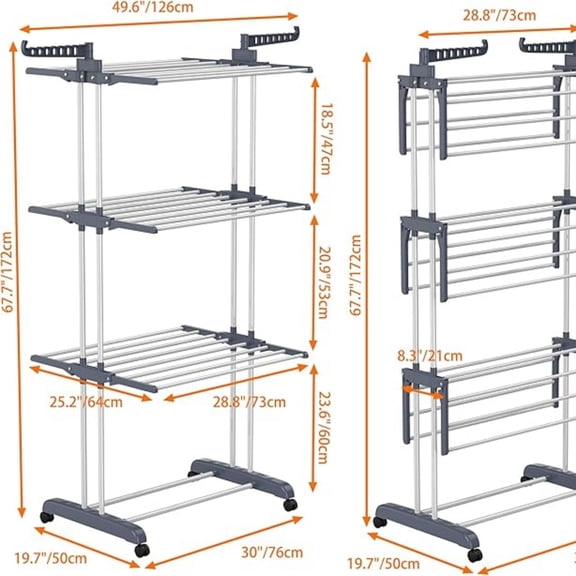 Clothes Drying Rack, Oversized 4-Tier(67.7" High) Foldable Stainless Steel Drying Rack Clothing, Movable Drying Rack with 4 castors, 24 Drying Poles and 14 Hooks for Bed Linen, Clothing, Grey