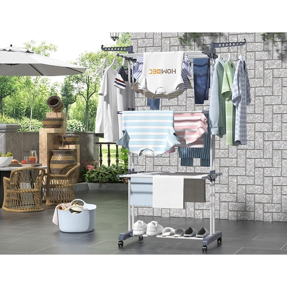 Clothes Drying Rack, Oversized 4-Tier(67.7" High) Foldable Stainless Steel Drying Rack Clothing, Movable Drying Rack with 4 castors, 24 Drying Poles and 14 Hooks for Bed Linen, Clothing, Grey