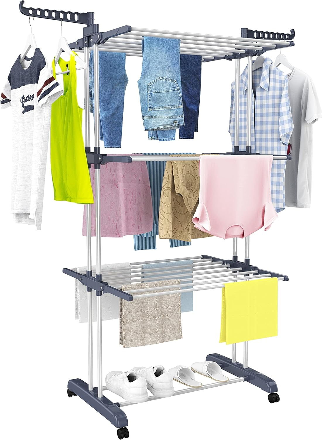 Foldable Gray Stainless Steel 4-Tier Drying Rack with Castors