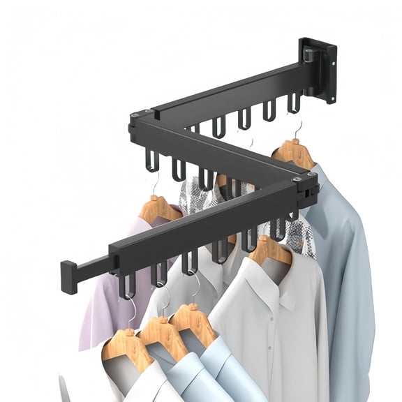 KYFIU Wall Mounted Clothes Drying Rack, Foldable Clothes Drying Rack, Scalable Retractable Triple Fold Indoor/Outdoor with 18 Hooks, Grey