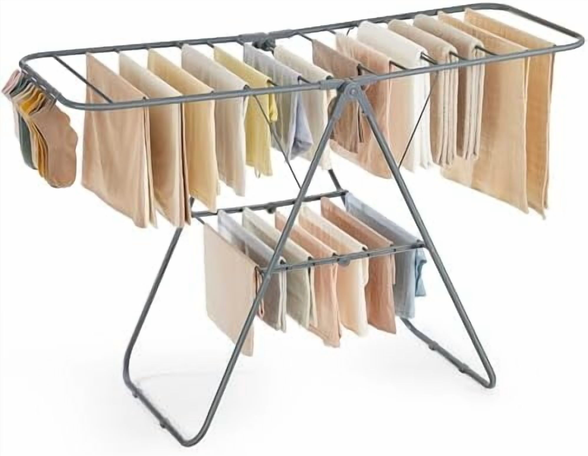 Clothes Drying Rack, with Sock Clips, Metal Laundry Rack, Foldable, Space-Saving, Free-Standing Airer, with 2 Height-Adjustable Gullwings, Indoor Outdoor Use, Gray ULLR052G01
