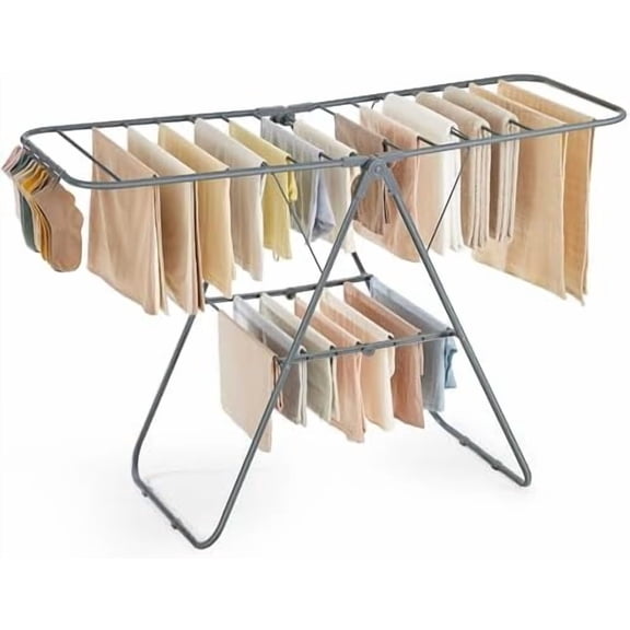 Clothes Drying Rack, with Sock Clips, Metal Laundry Rack, Foldable, Space-Saving, Free-Standing Airer, with 2 Height-Adjustable Gullwings, Indoor Outdoor Use, Gray ULLR052G01