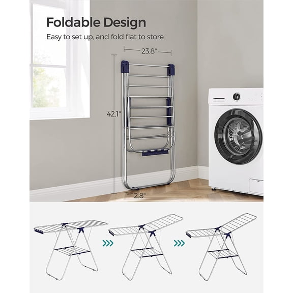 Clothes Drying Rack, with Sock Clips, Metal Laundry Rack, Foldable, Space-Saving, Free-Standing Airer, with 2 Height-Adjustable Gullwings, Indoor Outdoor Use, Silver and Blue ULLR52BU