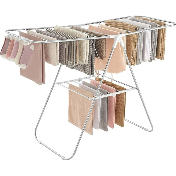 Clothes Drying Rack, with Sock Clips, Metal Laundry Rack, Foldable, Space-Saving, Free-Standing Airer, with 2 Height-Adjustable Gullwings, Indoor Outdoor Use, Silver and Blue ULLR52BU