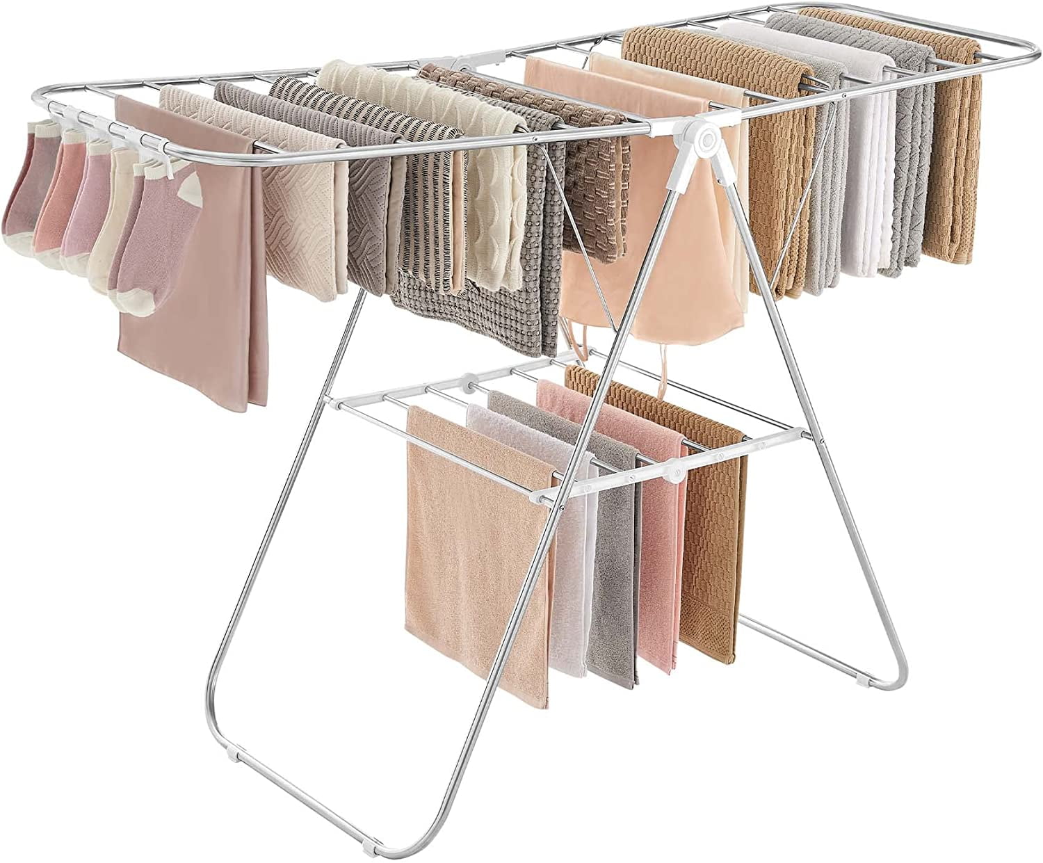 Steel Linen Rack Clothes Drying Rack, with Sock Clips, Metal Laundry Rack, Foldable ...