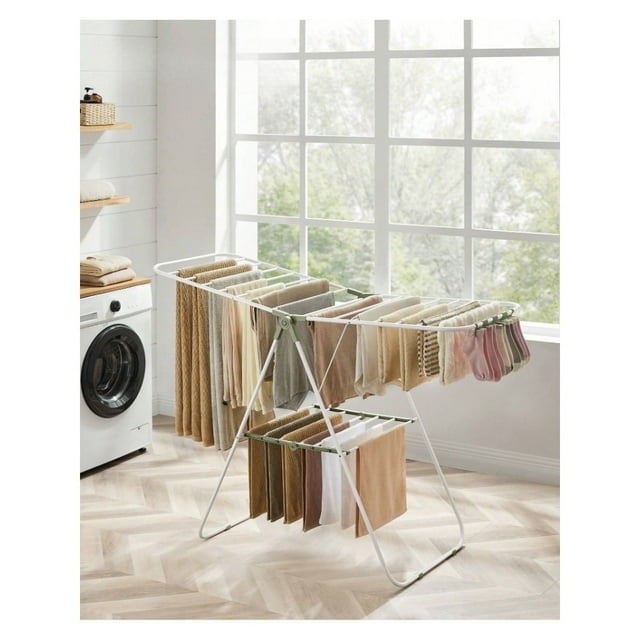 Clothes Drying Rack, With Sock Clips, Metal Laundry Rack, Foldable, Space-Saving, Free-Standing Airer, With Height-Adjustable Gullwings, Indoor Outdoor Use, 23.8"D X 58.3"W X 39.4"H, Gray