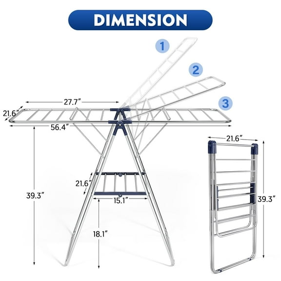 Clothes Drying Rack, Stainless Steel Drying Rack with Height-Adjustable, Foldable Gullwings Laundry Drying Rack, Indoor Outdoor Use, No Assembly