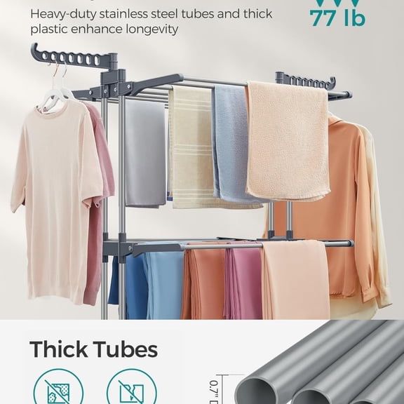 Clothes Drying Rack Stand 4-Tier, Foldable Laundry Drying Rack 68.1-Inch Tall, Steel, Rolling Clothes Horses Dryer Rack, Easy to Assemble, Indoor Outdoor Use, Dove Gray