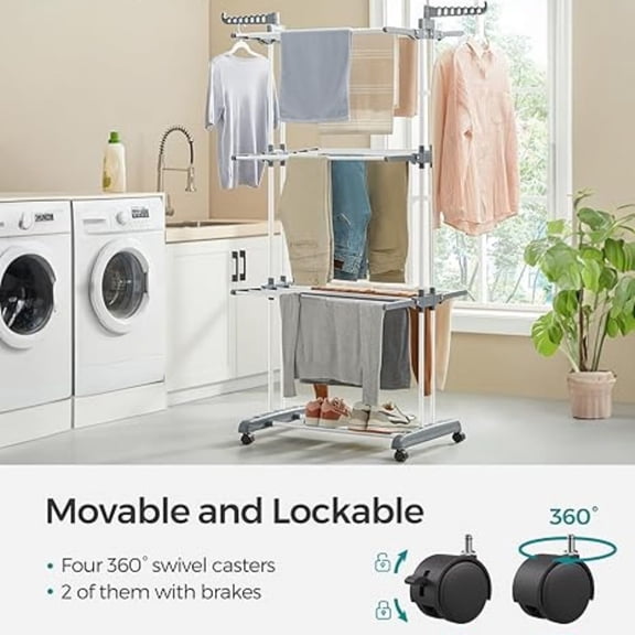 Clothes Drying Rack Stand 4-Tier, Foldable Laundry Drying Rack 68.1-Inch Tall, Steel, Rolling Clothes Horses Dryer Rack, Easy to Assemble, Indoor Outdoor Use, White