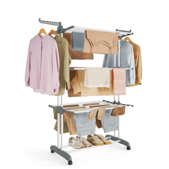 Clothes Drying Rack Stand 4-Tier, Foldable Laundry Drying Rack 68.1-Inch Tall, Steel, Rolling Clothes Horses Dryer Rack, Easy to Assemble, Indoor Outdoor Use